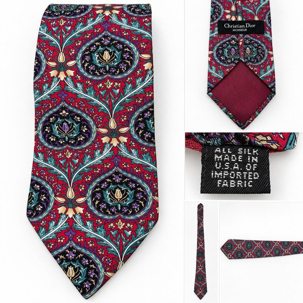 Christian Dior Monsieur Silk Tie Red Teal Purple Floral Paisley Necktie USA